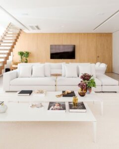 Sala de estar contemporânea e minimalista com sofá branco