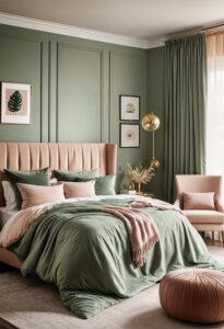 Quarto de casal verde com rosa